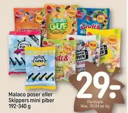 REMA 1000 Malaco poser eller Skippers mini piber 192-340 g, DKK 29 tilbud