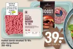 REMA 1000 Hakket dansk oksekød 15-18% eller burgerboost 350-400 g, DKK 39 tilbud