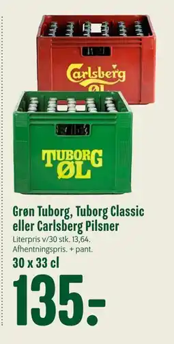 Min Købmand Grøn Tuborg, Tuborg Classic eller Carlsberg Pilsner, DKK 135 tilbud