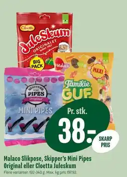 Min Købmand Malaco Slikpose, Skipper’s Mini Pipes Original eller Cloetta Juleskum, DKK 38 tilbud