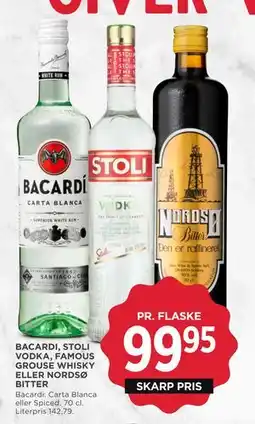 MENY BACARDI, STOLI VODKA, FAMOUS GROUSE WHISKY ELLER NORDSØ BITTER, DKK 99.95 tilbud