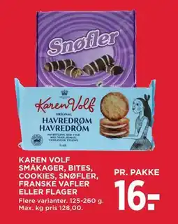 MENY KAREN VOLF SMÅKAGER, BITES, COOKIES, SNØFLER, FRANSKE VAFLER ELLER FLAGER, DKK 16 tilbud