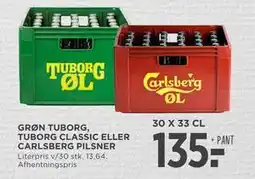 MENY GRØN TUBORG, TUBORG CLASSIC ELLER CARLSBERG PILSNER, DKK 135 tilbud