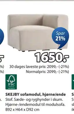 JYSK SKEJBY sofamodul, hjørne/ende, DKK 1650 tilbud