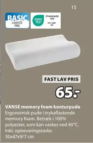 JYSK VANSE memory foam konturpude, DKK 65 tilbud