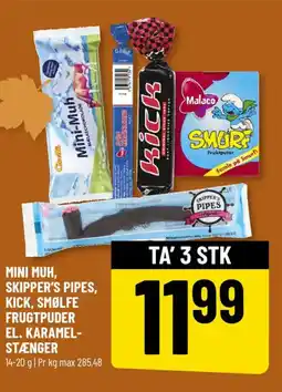 Løvbjerg Mini muh, Skipper's Pipes, kick, Smølfe frugtpuder el. karamel- stænger tilbud