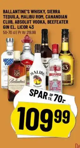 Løvbjerg Ballantine's whisky, Sierra tequila, Malibu rom, Canandian club, Absolut vodka, Beefeater gin el. Licor 43 tilbud