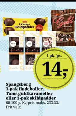 Dagli'Brugsen Spangsberg 3-pak flødeboller, Toms guldkarameller eller 3-pak skildpadder tilbud