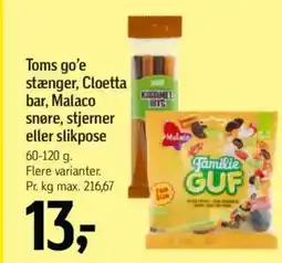 Føtex Toms go'e stænger, Cloetta bar, Malaco snøre, stjerner eller slikpose tilbud