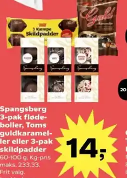 Kvickly Spangsberg 3-pak fløde- boller, toms guldkaramel- ler eller 3-pak skildpadder tilbud