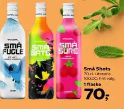 Kvickly Små Shots 70 cl. Literpris 100,00. Frit valg. 1 flaske tilbud