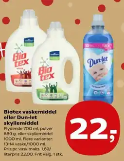 Kvickly Biotex vaskemiddel eller Dun-let skyllemiddel tilbud