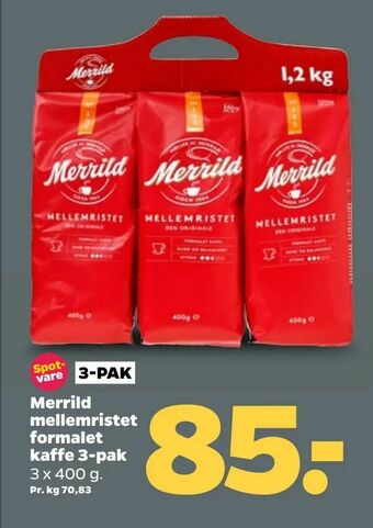 Netto Merrild mellemristet formalet kaffe 3-pak tilbud