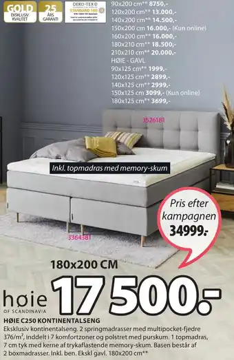 JYSK Høie C250 Kontinentalseng 180x200 cm tilbud