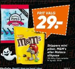 Bilka Skippers mini piber, M&M’s eller Malaco slikpose, DKK 29 tilbud