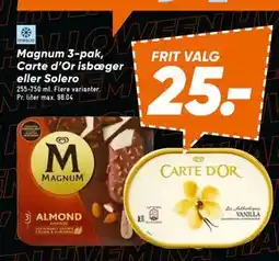 Bilka Magnum 3-pak, Carte d’Or isbæger eller Solero, DKK 25 tilbud