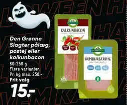 Bilka Den Grønne Slagter pålæg, postej eller kalkun bacon, DKK 15 tilbud