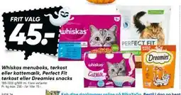 Bilka Whiskas menuboks, tørkost eller kattemælk, Perfect Fit tørkost eller Dreamies snacks, DKK 45 tilbud