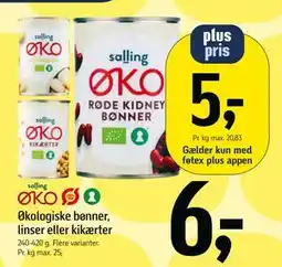 Føtex Økologiske bønner, linser eller kikærter, DKK 6, App-pris tilbud