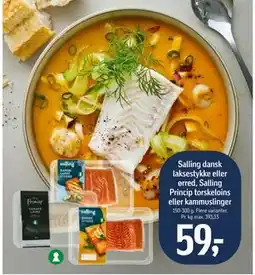 Føtex Salling dansk laksestykke eller ørred, Salling Princip torskeloins eller kammuslinger, DKK 59 tilbud