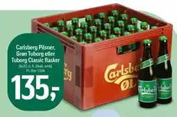 Føtex Carlsberg Pilsner, Grøn Tuborg eller Tuborg Classic flasker, DKK 135 tilbud