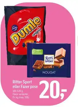 Føtex Ritter Sport eller Fazer pose, DKK 20 tilbud
