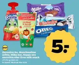 Netto Danonino Go, Munchmallow snitte, Milka bar, Happy zoo smoothie eller Oreo milk snack, DKK 5 tilbud