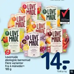 REMA 1000 Lovemade økologisk børnemad Flere varianter Fra 6 måneder+ 185 g, DKK 14 tilbud