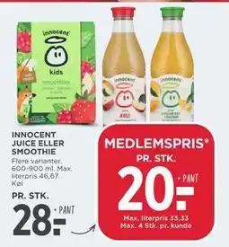 MENY INNOCENT JUICE ELLER SMOOTHIE, DKK 28, App-pris tilbud