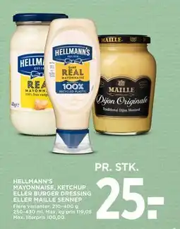 MENY HELLMANN’S MAYONNAISE, KETCHUP ELLER BURGER DRESSING ELLER MAILLE SENNEP, DKK 25 tilbud
