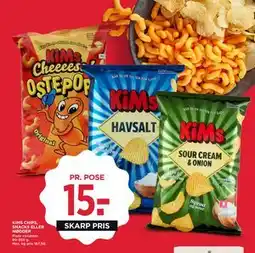 MENY KIMS CHIPS, SNACKS ELLER NØDDER, DKK 15 tilbud