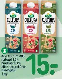 REMA 1000 Arla Cultura A38 naturel 1.5%, hindbær 0.4% eller naturel 0.4% Økologisk tilbud