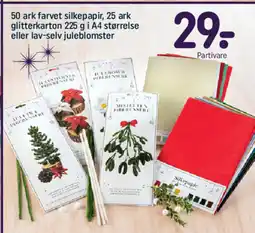 REMA 1000 50 ark farvet silkepapir, 25 ark glitterkarton 225 g i A4 størrelse eller lav-selv juleblomster tilbud