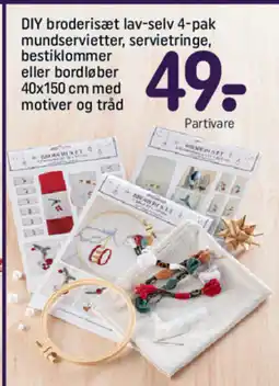REMA 1000 DIY broderisæt lav-selv 4-pak mundservietter, servietringe, bestiklommer eller bordløber med motiver og tråd tilbud