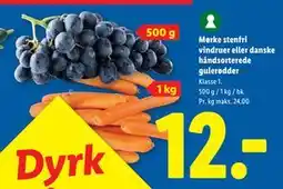 Lidl Mørke stenfri vindruer eller danske håndsorterede gulerødder, DKK 12 tilbud