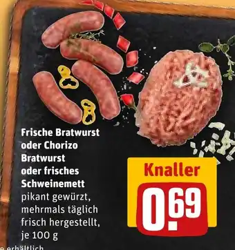REWE DE Frische Bratwurst oder Chorizo Bratwurst oder frisches Schweinemett tilbud