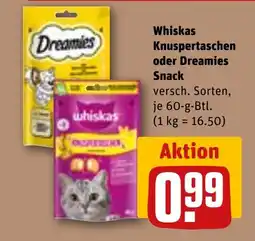 REWE DE Whiskas Knuspertaschen oder Dreamies Snack tilbud