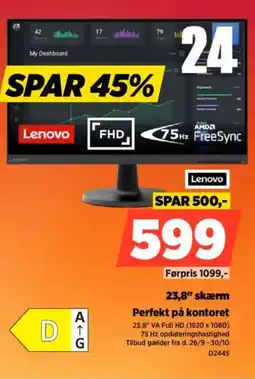 Power Lenovo 23,8" skærm D2445 tilbud