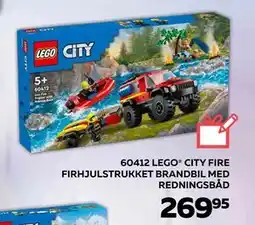 Legekæden LEGO CITY FIRE FIRHJULSTRUKKET BRANDBIL MED REDNINGSBÅD, DKK 269.95 tilbud