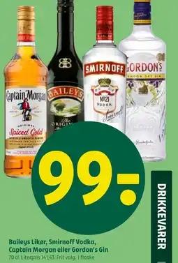 Coop 365 Baileys Likør, Smirnoff Vodka, Captain Morgan eller Gordon's Gin tilbud