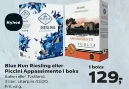 SuperBrugsen Blue Nun Riesling eller Piccini Appassimento i boks tilbud