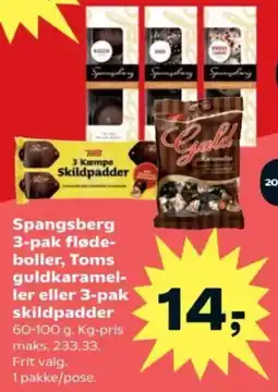 SuperBrugsen Spangsberg 3-pak fløde- boller, Toms guldkaramel- ler eller 3-pak skildpadder tilbud