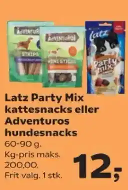 SuperBrugsen Latz Party Mix kattesnacks eller Adventuros hundesnacks tilbud