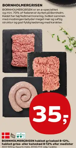 Kvickly Bornholmergrisen hakket grisekød 8-12%, hakket grise- eller kalvekød 8-12% eller medister tilbud