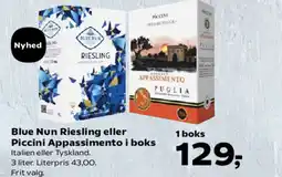 Kvickly Blue Nun Riesling eller Piccini Appassimento i boks tilbud
