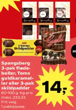 Kvickly Spangsberg 3-pak fløde- boller, Toms guldkaramel- ler eller 3-pak skildpadder tilbud