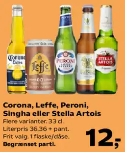 Kvickly Corona, Leffe, Peroni, Singha eller Stella Artois tilbud