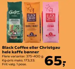 Kvickly Black Coffee eller Christgau hele kaffe bønner tilbud