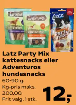 Kvickly Latz Party Mix kattesnacks eller Adventuros hundesnacks tilbud