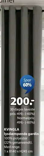 JYSK KVINGLA lysdæmpende gardin, DKK 200 tilbud